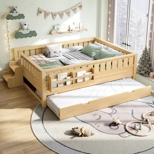 Full with built-in bookshelves and small staircase, high-quality safety rails, and Trundle,Light Natural Full with built-in bookshelves and small staircase, high-quality safety rails, and Trundle,Light Natural