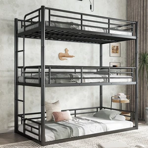 Twin over Twin over Twin Bunk Bed, Metal Triple Bunk Bed with Safety Guardrails, Heavy-duty Bunk Bed with Noise-reduced Design, Black