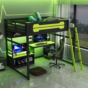 Full Size Wood Loft Bed with Desk, Shelves, LED Lights, USB Ports and Pegboard, Black+Green Full Size Wood Loft Bed with Desk, Shelves, LED Lights, USB Ports and Pegboard, Black+Green