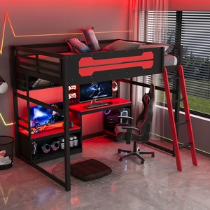 Full Size Wood Loft Bed with Desk, Shelves, LED Lights, USB Ports and Pegboard, Black+Red Full Size Wood Loft Bed with Desk, Shelves, LED Lights, USB Ports and Pegboard, Black+Red