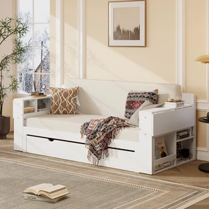 Queen Size Daybed with Removable Desk, Storage Drawers & Hydraulic Side Table, White Queen Size Daybed with Removable Desk, Storage Drawers & Hydraulic Side Table, White