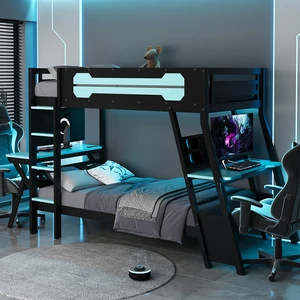 Twin Size Bunk Bed with Two Built-In Gaming Desks, USB Desktop Ports & Pegboard Organizer, Gaming Bunk Frame for Gamer, Cloud Blue Twin Size Bunk Bed with Two Built-In Gaming Desks, USB Desktop Ports & Pegboard Organizer, Gaming Bunk Frame for Gamer, Cloud Blue