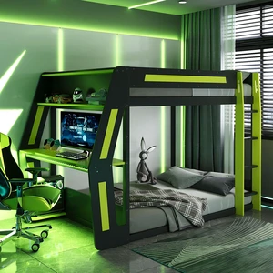 Full-Size Gaming Bunk Bed with Side-Mounted Oversized RGB Desk, USB Charging Ports & Cable Grommet, LED Light Strip, Heavy-Duty Esports Loft Frame Cool Design-Green Full-Size Gaming Bunk Bed with Side-Mounted Oversized RGB Desk, USB Charging Ports & Cable Grommet, LED Light Strip, Heavy-Duty Esports Loft Frame Cool Design-Green