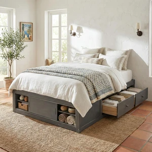 Queen Size Platform Bed Frame with 4 Storage Drawers and Footboard Storage Cubby, No Headboard, Modern Space-Saving Design-Antique Gray Queen Size Platform Bed Frame with 4 Storage Drawers and Footboard Storage Cubby, No Headboard, Modern Space-Saving Design-Antique Gray