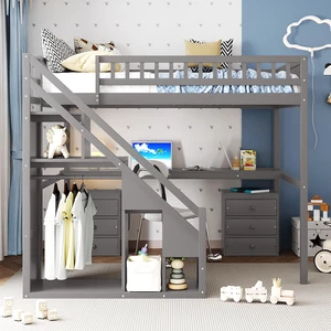 Full Size Loft Bed with Two Chest of Drawers, Desk and Light Strip, Gray