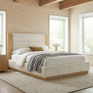 Upholstered Platform Bed Frame with Extended Wood Headboard, Modern Bed with Wood Base, No Box Spring Needed, Queen Size, White Boucle