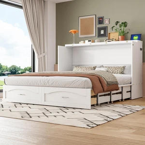 Queen Size Murphy Bed Wall Bed with drawer and a set of Sockets & USB Ports, Pulley Structure Design, White Queen Size Murphy Bed Wall Bed with drawer and a set of Sockets & USB Ports, Pulley Structure Design, White