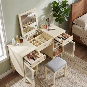 2-in-1 Makeup Vanity Desk with Flip-Top Mirror & Stool, Farmhouse Dressing Table Set with Reeded Glass Cabinets & Drawers, Multi-Purpose Desk, Dressing Room, Bedroom, Living Room, White Oak 2-in-1 Makeup Vanity Desk with Flip-Top Mirror & Stool, Farmhouse Dressing Table Set with Reeded Glass Cabinets & Drawers, Multi-Purpose Desk, Dressing Room, Bedroom, Living Room, White Oak