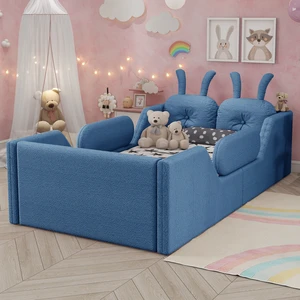 Twin Size Upholstered Platform Bed with Rabbit Cushion, Kids Floor Upholstered Bed with Removable Side Rails, Blue