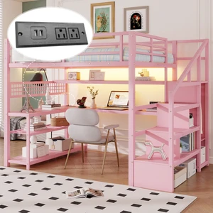 Full Size Loft Bed with Staircase and Wardrobe, Metal Loft Bed with Desk, Storage Shelves, LED Lights and Charge Station, Pink Full Size Loft Bed with Staircase and Wardrobe, Metal Loft Bed with Desk, Storage Shelves, LED Lights and Charge Station, Pink