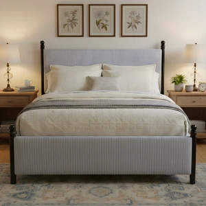 48-inch Striped Rubberwood Upholstered Bed,King 48-inch Striped Rubberwood Upholstered Bed,King