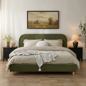 California King Size Upholstered Bed Frame With Velvet Fabric And Curve Design Thick Headboard, Solid Wood Legs, Olive Green California King Size Upholstered Bed Frame With Velvet Fabric And Curve Design Thick Headboard, Solid Wood Legs, Olive Green
