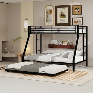 Metal Triple Bunk Bed Twin-XL Over Queen with Pull-Out Twin Trundle  Heavy-Duty Steel Frame, Sleek Black Finish, Space-Saving Design for Kids, Teens & Guests