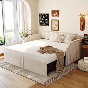 Twin Size Upholstered Daybed with Pop-Up Trundle & USB Charging Ports, Beige
