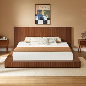 Low Profile Walnut Solid Wood Platform Bed Frame, Vertical Fluted Panel Headboard & Footboard, Modern Japandi Floor Bed Frame, No Box Spring Required, Sturdy Bedroom Bed Frame for Guest & Mast((king)
