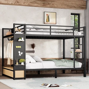 Queen over Queen size Metal Bunk Bed for Teens with Storage Shelves ,Drawers and Pegboard,Black Queen over Queen size Metal Bunk Bed for Teens with Storage Shelves ,Drawers and Pegboard,Black