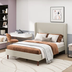 High Headboard Upholstered Bed, Queen Size Bed Frame, 12-Slat Support, Easy to Assemble, Beige, Linen Cloth, No Box Spring Needed High Headboard Upholstered Bed, Queen Size Bed Frame, 12-Slat Support, Easy to Assemble, Beige, Linen Cloth, No Box Spring Needed