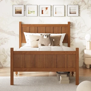 Twin Size Flat Panel Bed with Headboard & Footboard, Minimalist Modern Platform Bed with Wood Grain Finish, Shaker and Farmhouse Style Design, Sleek and Functional Bedroom Furniture,Light Walnut