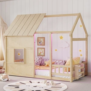 Twin Size House Floor Bed With 7 Colors LED Light of Natural Color