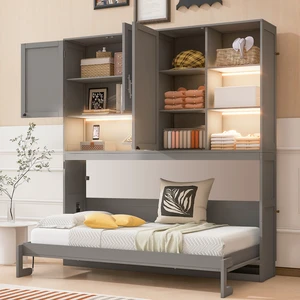 Twin Size Wall Murphy Bed with Top Cabinet, Shelves ,Space Saving Foldable Bed with Light & USB ,Gray Twin Size Wall Murphy Bed with Top Cabinet, Shelves ,Space Saving Foldable Bed with Light & USB ,Gray