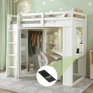 Twin Size Loft Bed with Integrated Large Wardrobe and Desk, All-in-One Space-Saving High Bed with Pull-out Keyboard Tray, Charging Station and Dual Metal Spotlights-Beige White Twin Size Loft Bed with Integrated Large Wardrobe and Desk, All-in-One Space-Saving High Bed with Pull-out Keyboard Tray, Charging Station and Dual Metal Spotlights-Beige White
