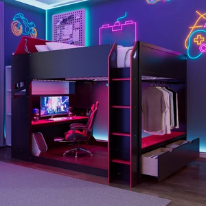 Full Size Wood Loft Bed with Height-adjustable Desk,Drawers,Storage Compartments,Hanging Rod and RGB Lights,Red Full Size Wood Loft Bed with Height-adjustable Desk,Drawers,Storage Compartments,Hanging Rod and RGB Lights,Red