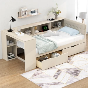 Wood Twin Size Platform Bed with Storage Shelves, Drawers, Charging Station and Upholstered Headboard, Cream Wood Twin Size Platform Bed with Storage Shelves, Drawers, Charging Station and Upholstered Headboard, Cream