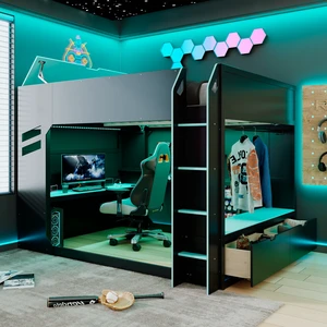 Full Size Wood Loft Bed with Height-adjustable Desk,Drawers,Storage Compartments,Hanging Rod and RGB Lights,Blue Full Size Wood Loft Bed with Height-adjustable Desk,Drawers,Storage Compartments,Hanging Rod and RGB Lights,Blue