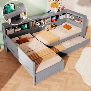 Wood Twin Size L-shaped Platform Bed with Trundle and a Drawer, Grey Wood Twin Size L-shaped Platform Bed with Trundle and a Drawer, Grey