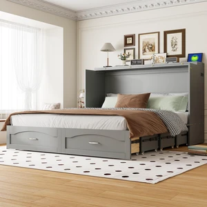 Queen Size Murphy Bed Wall Bed with drawer and a set of Sockets & USB Ports, Pulley Structure Design, Gray Queen Size Murphy Bed Wall Bed with drawer and a set of Sockets & USB Ports, Pulley Structure Design, Gray