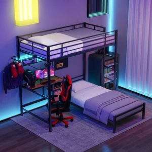 Bunk Bed Twin Over Twin Size with Desk Station L-Shaped Metal Bunk Bed Storage Shelves and Drawers Loft Beds with Safety Guardrail and Ladder for Teen,Black Bunk Bed Twin Over Twin Size with Desk Station L-Shaped Metal Bunk Bed Storage Shelves and Drawers Loft Beds with Safety Guardrail and Ladder for Teen,Black