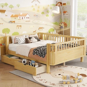 Full Size Wood Platform Bed for Kids, Wood Low Profile Full Bed with Rails for Girls and Boys, Natural Full Size Wood Platform Bed for Kids, Wood Low Profile Full Bed with Rails for Girls and Boys, Natural