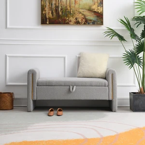 [Video provided]Modern Teddy Bed End Bench with Arms and Storage,Upholstered Large Foot Rest Stool, Comfy Window Vanity Bench for Living Room,Bedroom,Dorm,coffee Table,Teddy Grey