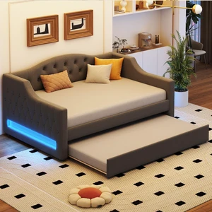 Upholstered Full XL Size Daybed with LED Belt and Trundle, Gray Upholstered Full XL Size Daybed with LED Belt and Trundle, Gray