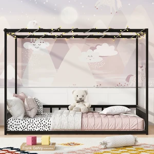 Twin size sunshade floor bed, iron double-size bed frame, modern low-profile double-size bed, equipped with fence-style guardrails, black series