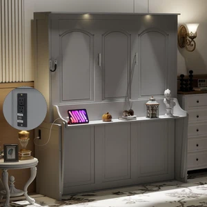 Queen Size Murphy Bed with Desk, LED Lights and USB Charging Station, Gray Queen Size Murphy Bed with Desk, LED Lights and USB Charging Station, Gray