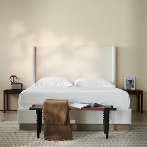 Hosford Upholstered Wingback Bed / Upholstered Wood Base Platform Bed / 52.5" High Headboard / Minimalist / Rusticity / No Box Spring Needed / King / Oat Boucle / No Noise