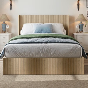 A large raised and undulating storage bed frame with grooves. The wooden platform bed frame has a storage function that can be lifted, without requiring a spring box / no noise. Oak color ( Queen) A large raised and undulating storage bed frame with grooves. The wooden platform bed frame has a storage function that can be lifted, without requiring a spring box / no noise. Oak color ( Queen)