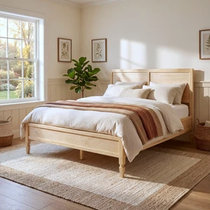Queen Size Wood Platform Bed Frame with Classic Panel Headboard, Wooden Slats Support, No Box Spring Needed, Easy Assembly, Natural