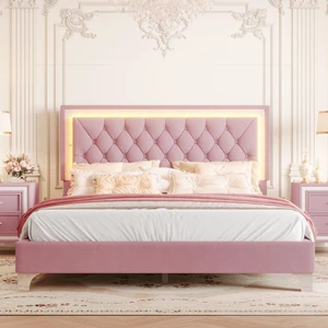 Queen Size Upholstered Bed Frame with LED Lights,Modern Velvet Platform Bed with Tufted Headboard,Pink Queen Size Upholstered Bed Frame with LED Lights,Modern Velvet Platform Bed with Tufted Headboard,Pink
