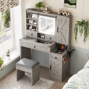 Farmhouse Vanity Desk with Sliding Mirror and Lights, Vanity Set with Glass Top and Charging Station ,Dressing Table with 4 Drawers and 2 Cabinets, Dressing Table with Stool for Bedroom, Gray Farmhouse Vanity Desk with Sliding Mirror and Lights, Vanity Set with Glass Top and Charging Station ,Dressing Table with 4 Drawers and 2 Cabinets, Dressing Table with Stool for Bedroom, Gray
