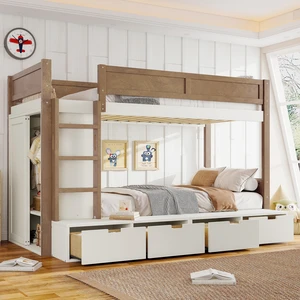 Twin over Twin/Twin XL over Full Bunk Bed with 4 Storage Drawers, Solid Wood Bunk Bed with Built-in Wardrobe and Full-length Guardrails, No Box Spring Needed, Beige & Natural