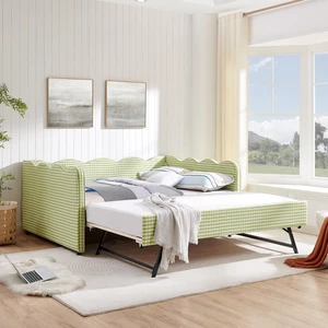 Full Size Cozy Gingham Daybed with Twin Size Trundle No Box Spring Needed, with USB Port and Adorable Wave Shaped, Linen Fabric Full Size Cozy Gingham Daybed with Twin Size Trundle No Box Spring Needed, with USB Port and Adorable Wave Shaped, Linen Fabric