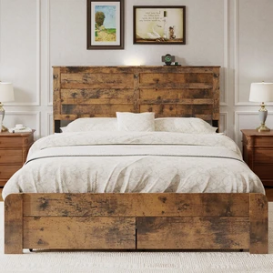 Queen Size Rustic Platform Bed Frame with LED Lighting Headboard, Built-in USB & Type-C Charging Station, Under-Bed Storage Drawers, Heavy Duty Metal Slats, No Box Spring Needed,Dark Brown Queen Size Rustic Platform Bed Frame with LED Lighting Headboard, Built-in USB & Type-C Charging Station, Under-Bed Storage Drawers, Heavy Duty Metal Slats, No Box Spring Needed,Dark Brown