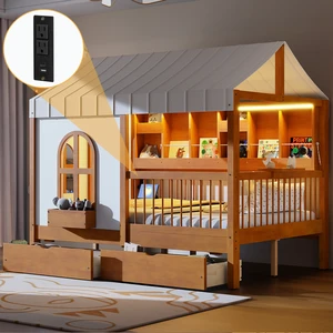 Full Size House Bed with 2 Large Drawers, Side Bookshelf with LED Strip, Walnut Full Size House Bed with 2 Large Drawers, Side Bookshelf with LED Strip, Walnut