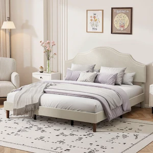 King Size Bed Frame Upholstered Platform Bed with Adjustable Headboard,Linen Fabric Padded,Modern Simple Style Platform Bed No Box Spring Needed, Easy Assembly, Beige
