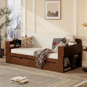 Queen Size Daybed with Removable Desk, Storage Drawers & Hydraulic Side Table, Espresso Queen Size Daybed with Removable Desk, Storage Drawers & Hydraulic Side Table, Espresso