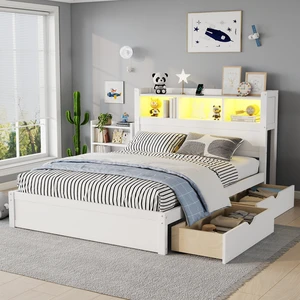 Full Size Bed with Drawers, Wood Full Bed with Storage Headboard and Pull Out Storage Cabinet, Wood Bed with Light and Socket, White Full Size Bed with Drawers, Wood Full Bed with Storage Headboard and Pull Out Storage Cabinet, Wood Bed with Light and Socket, White