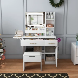 Vanity Desk with LED Mirror Lights and Power Outlet Charging Station, Makeup Dressing Table with 3 Drawers, 7 Shelves and Storage Stool, for Girls and Women (White) Vanity Desk with LED Mirror Lights and Power Outlet Charging Station, Makeup Dressing Table with 3 Drawers, 7 Shelves and Storage Stool, for Girls and Women (White)