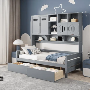 Twin Size Wooden Daybed With 2 Drawers, and All-in-One Cabinet and Shelf, Gray Twin Size Wooden Daybed With 2 Drawers, and All-in-One Cabinet and Shelf, Gray